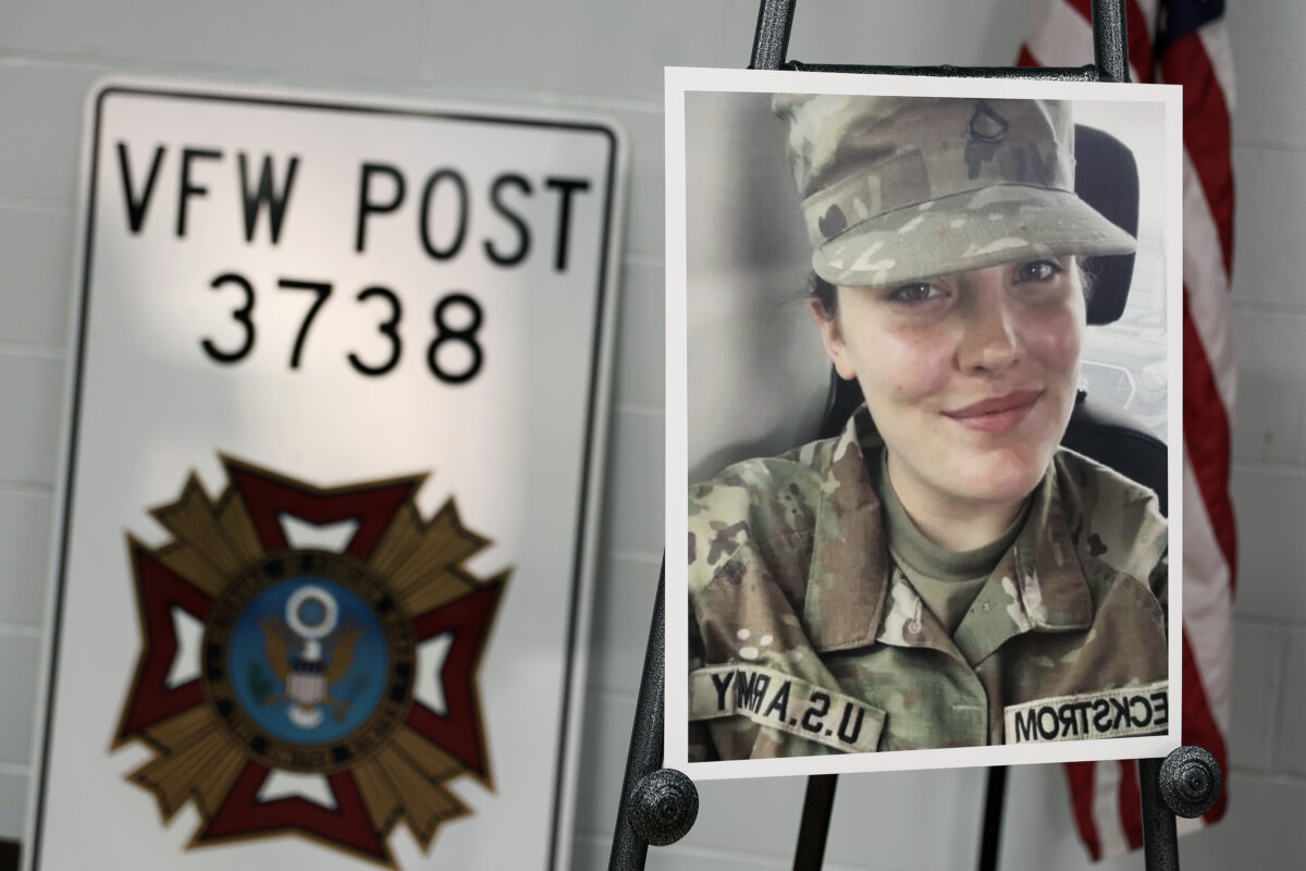 A photo is displayed of National Guard member Specialist Sarah Beckstrom, one of two National Guard members who were shot in Washington on Nov. 26, in Webster Springs, W.Va., on Nov. 28, 2025. (Kathleen Batten/AP Photo)
