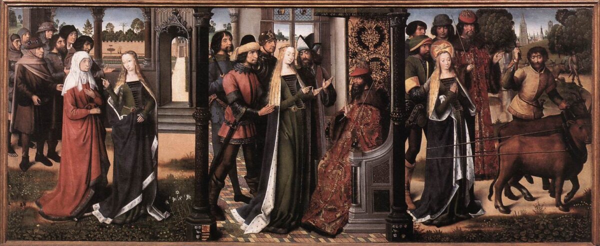 “Legend of St Lucy,” in three scenes, side by side, 1480, by the Master of the Legend of St. Lucy, from Bruges. (Public Domain)
