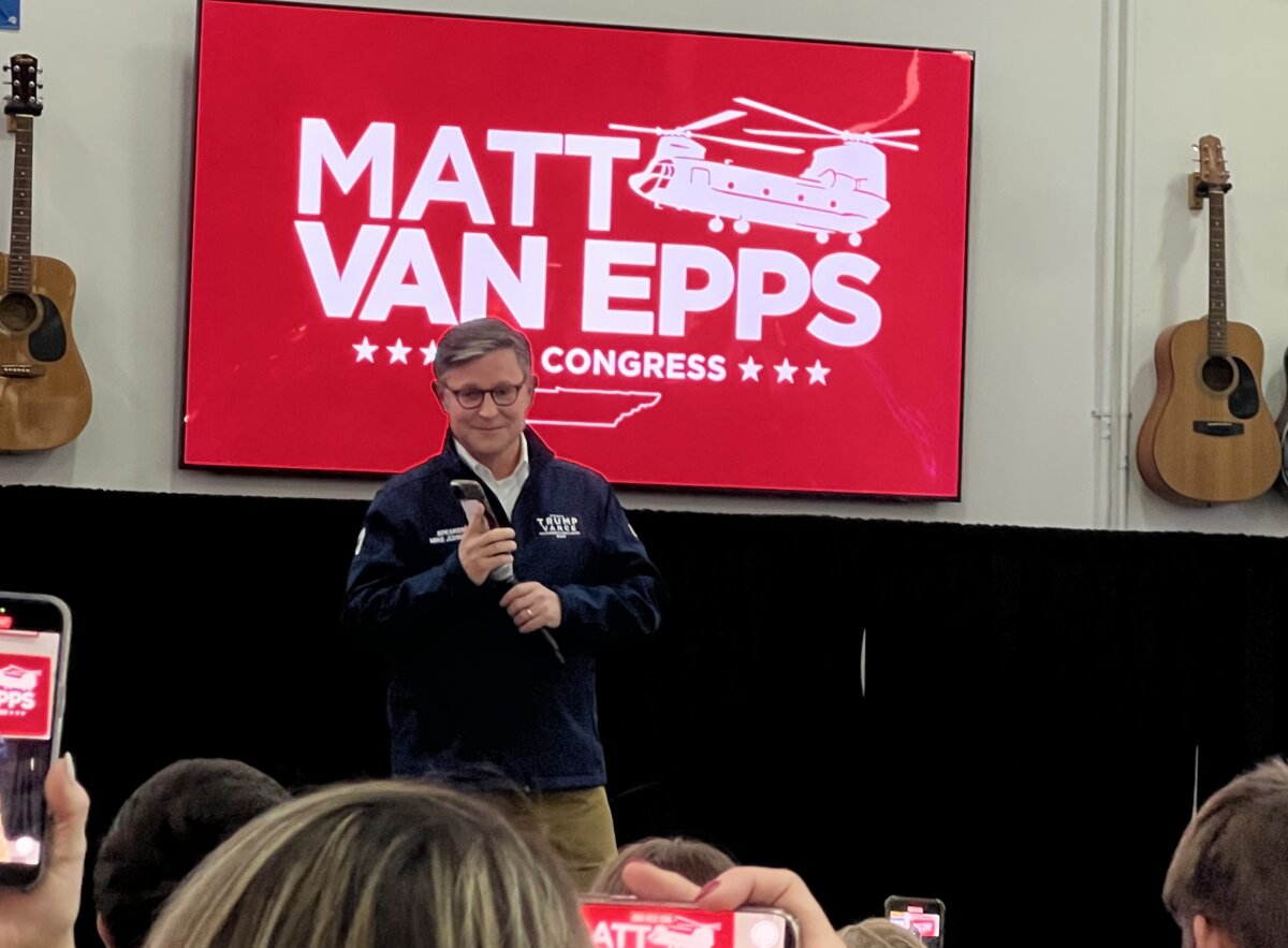 Speaker of the U.S. House Mike Johnson called President Trump while at a rally for Matt Van Epps on Dec. 1, 2025. (Jacki Thrapp / The Epoch Times)