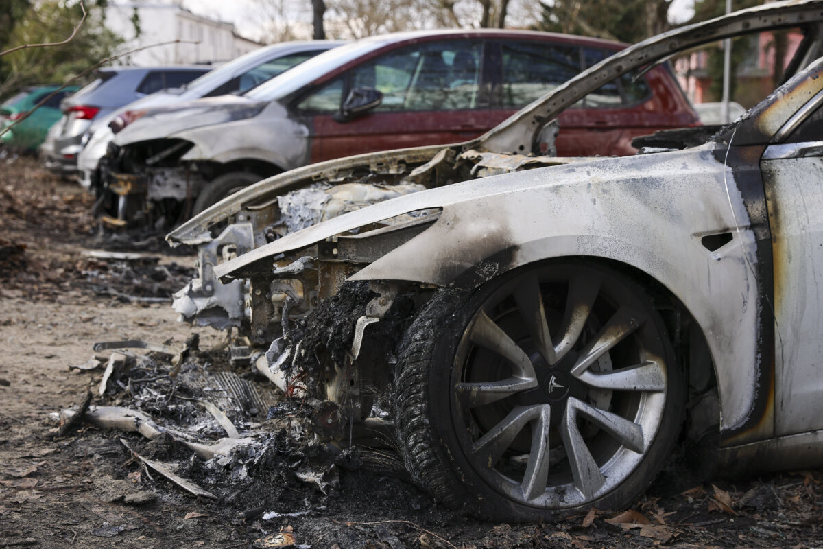The burnt-out remains of a Tesla electric car in the Steglitz district in Berlin, Germany, on March 14, 2025. (Omer Messinger/Getty Images)