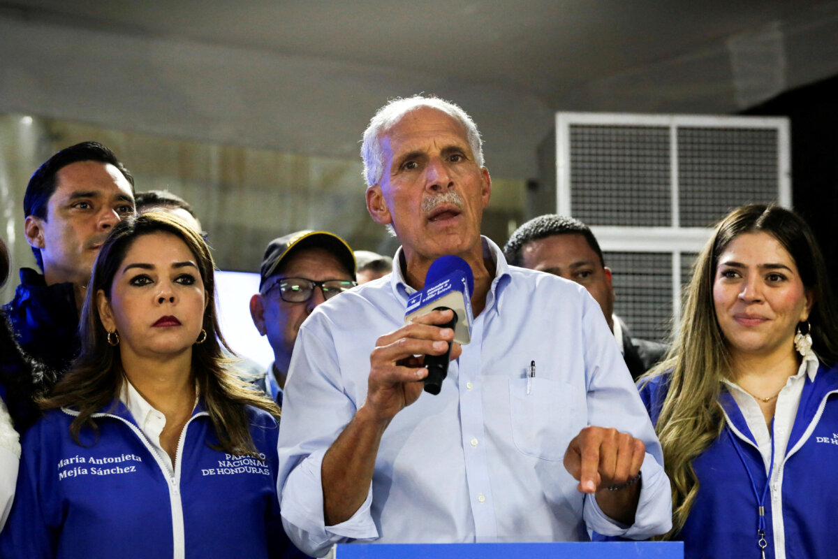 Presidential candidate Nasry Asfura of the National Party of Honduras (PN) speaks at a press conference on the day of the general election in Tegucigalpa, Honduras, Nov. 30, 2025. (Leonel Estrada/Reuters)