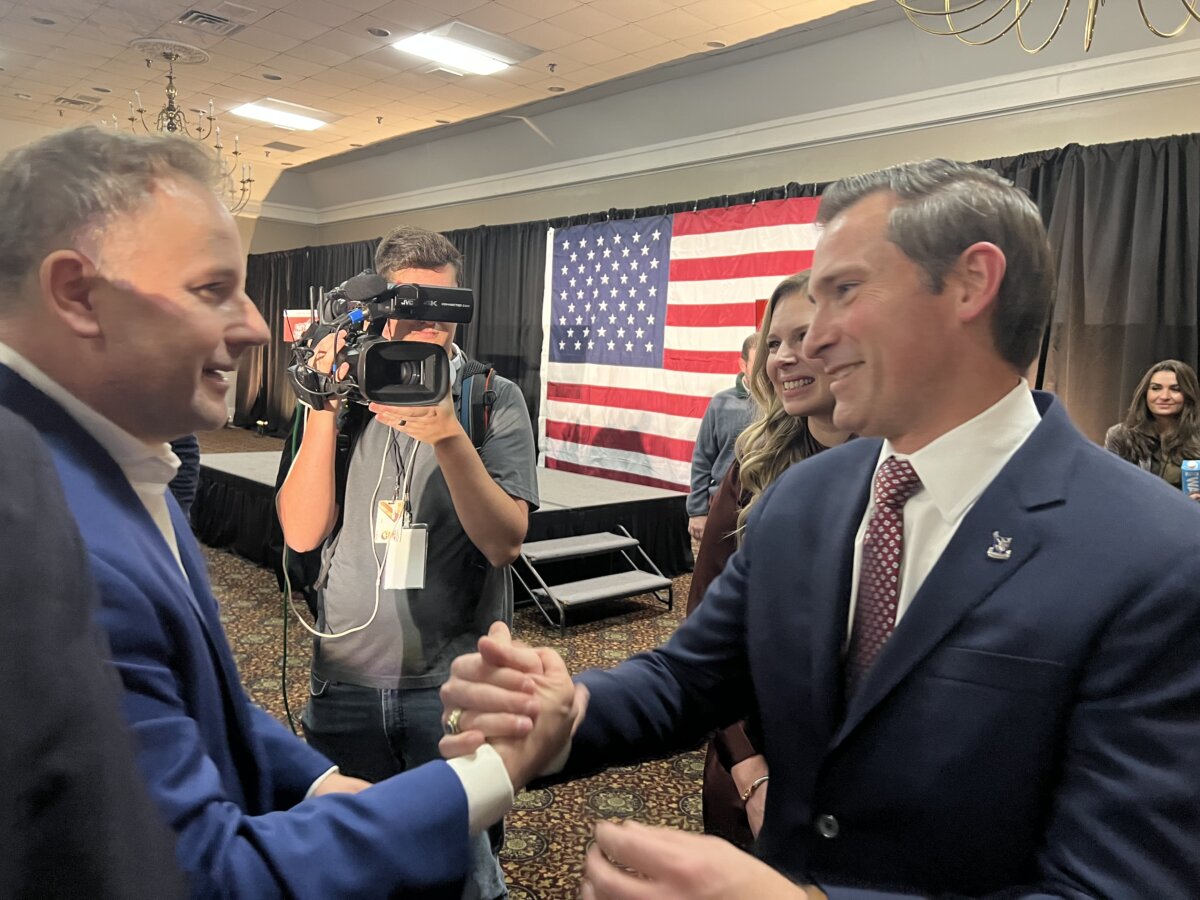 Congressman-elect Matt Van Epps (R-Tenn.) shook hands with supporters at his victory party in Nashville, Tenn., on Dec. 2, 2025. (Jacki Thrapp/The Epoch Times)