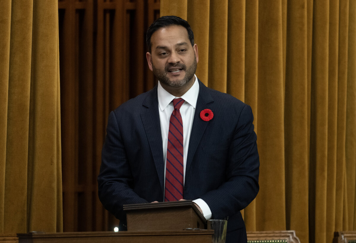 Conservative MP Shuvaloy Majumdar rises during question period on Nov. 3, 2023 in Ottawa. (The Canadian Press/Adrian Wyld)