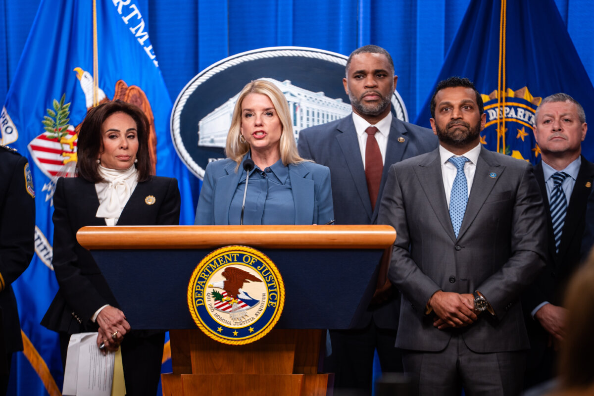 Attorney General Pam Bondi, FBI Director Kash Patel, and District of Columbia Attorney Jeanine Pirro announce the arrest of Brian Cole during a press conference in Washington on Dec. 4, 2025. The FBI has conducted a yearslong investigation into the pipe bombs placed in the District of Columbia on Jan. 5, 2021. (Madalina Kilroy/The Epoch Times)