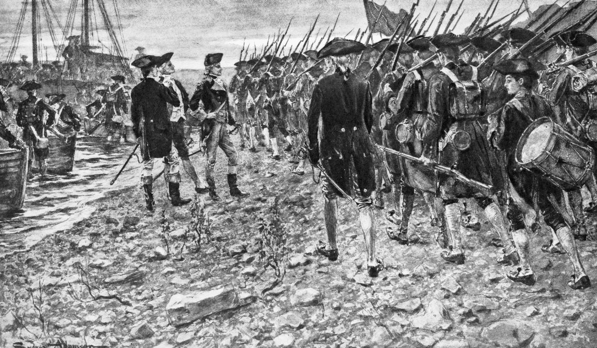 Richard Montgomery and troops on shore at Crown Point, N.Y., en route for invasion of Canada. Library of Congress. (Public Domain)