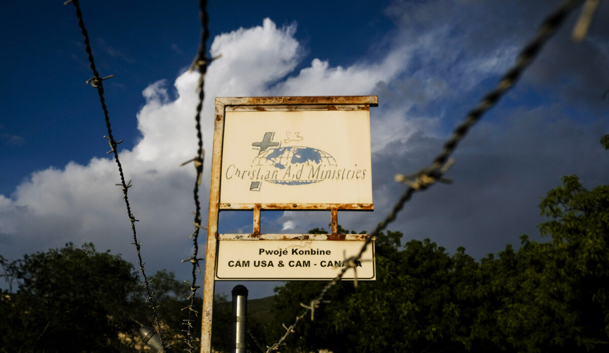 A sign outside Christian Aid Ministries in Titanyen, Haiti, on Oct. 21, 2021. (Matias Delacroix/AP Photo)