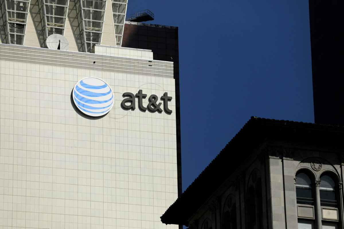 The AT&T logo on a building in Los Angeles on Aug. 10, 2017. (Mike Blake/Reuters)