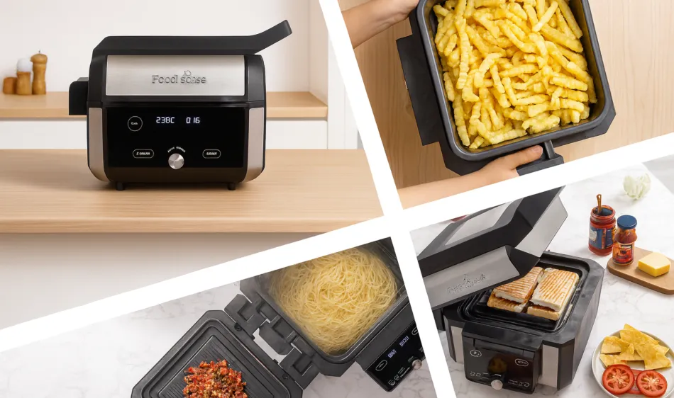 Gourmax Pro, the ultimate 11-in-1 multi-cooker, transforms into an indoor smokeless grill, air fryer, griddle, slow cooker, oven, steamer, dehydrator, panini press, toaster, pancake maker, and reheating station.