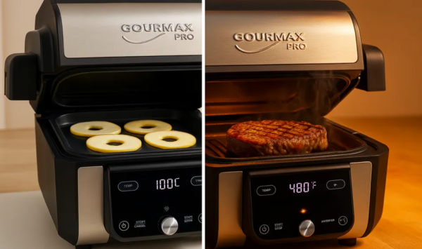 Gourmax Pro, the ultimate 11-in-1 multi-cooker, transforms into an indoor smokeless grill, air fryer, griddle, slow cooker, oven, steamer, dehydrator, panini press, toaster, pancake maker, and reheating station.