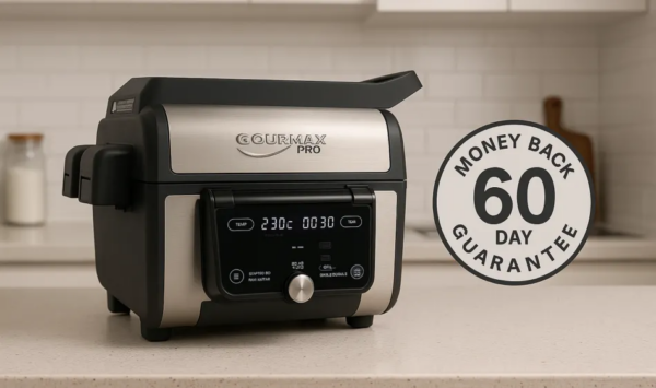 Gourmax Pro, the ultimate 11-in-1 multi-cooker, transforms into an indoor smokeless grill, air fryer, griddle, slow cooker, oven, steamer, dehydrator, panini press, toaster, pancake maker, and reheating station.