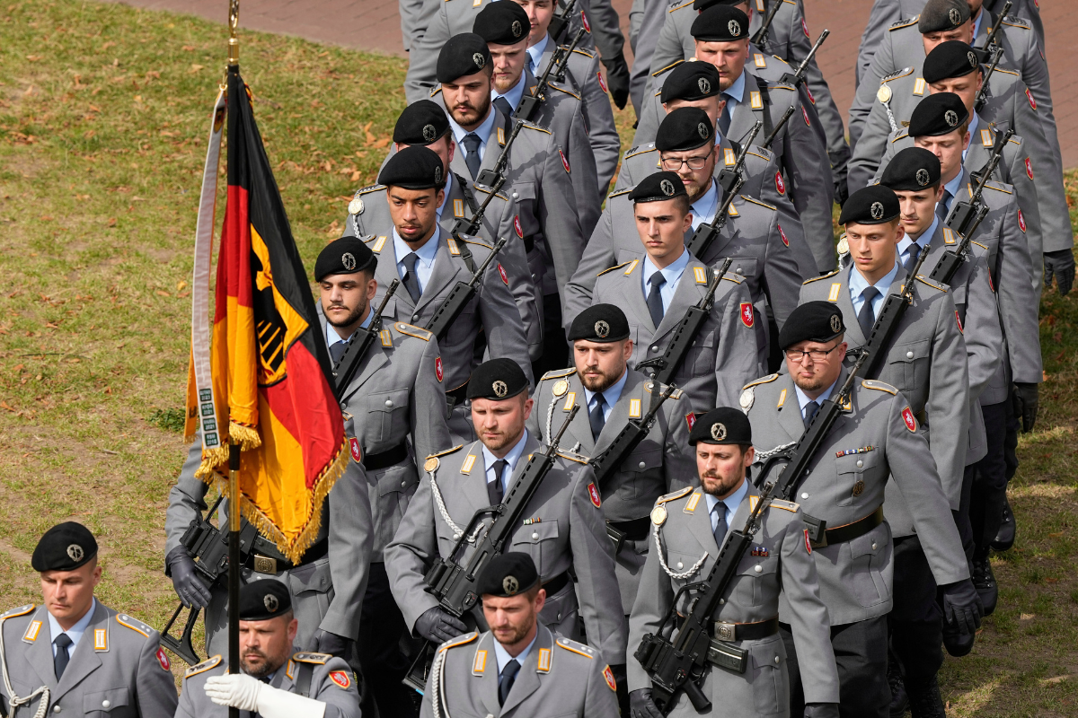 New recruits of the German Army Bundeswehr attend a ceremony to take their oath in front of the North Rhine-Westphalia state parliament in Duesseldorf, Germany, on Sept. 4, 2025. (Martin Meissner/AP Photo)