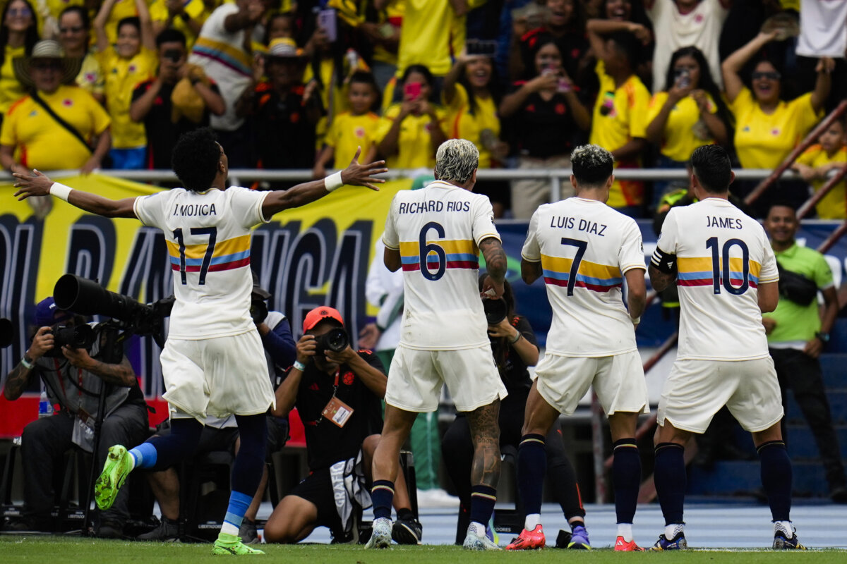 Colombia's Luis Diaz celebrates scoring his side's second goal against Chile during a FIFA World Cup 2026 qualifying match at the Metropolitano Roberto Melendez stadium in Barranquilla, Colombia, on Oct. 15, 2024. (Fernando Vergara/AP Photo)