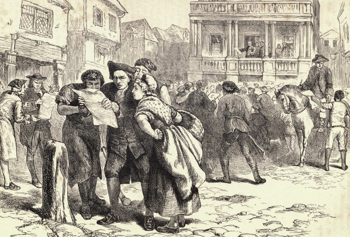 “Bostonians Reading the Stamp Act,” an illustrated leaf from “Cassell’s History of the United States” by Edmund Ollier, 1874–1877. (Public Domain)