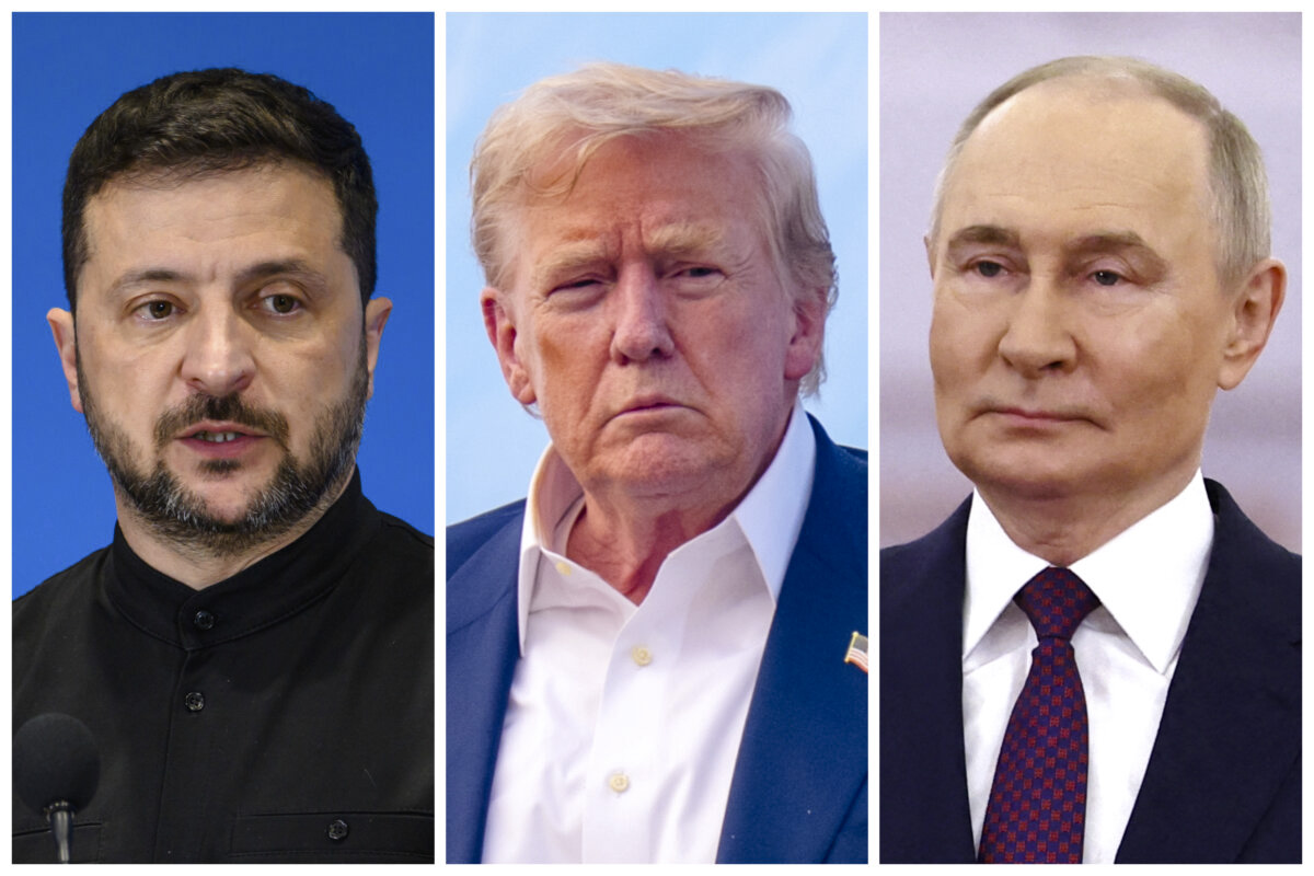 (Left) Ukrainian President Volodymyr Zelenskyy in Rome, Italy, on July 10, 2025. (Center) U.S. President Donald Trump arrives at Andrews Air Force Base, Md., on July 29, 2025. (Right) Russian President Vladimir Putin at the Kremlin in Moscow on May 8, 2025. (Antonio Masiello, Andrew Harnik/Getty Images; Evgenia Novozhenina/AFP via Getty Images)