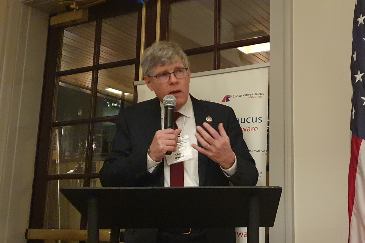 Chris O'Neill speaks at the "Welcome Home" party hosted by the Conservative Caucus of Delaware in Delaware on Dec. 4, 2025. (Courtesy of Chris O'Neill)