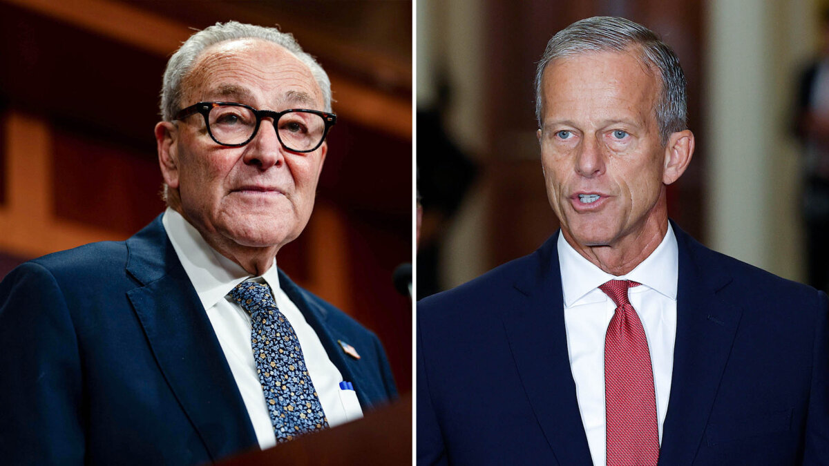 (Left) Senate Minority Leader Chuck Schumer (D-N.Y.). (Right) Senate Majority Leader John Thune (R-S.D.). (Kent Nishimura/Getty Images; Kevin Dietsch/Getty Images)
