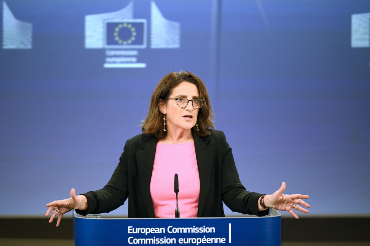 EU Executive Vice President for Clean, Just and Competitive Transition Teresa Ribera gestures during a press conference at the EU headquarters in Brussels on Oct. 16, 2025. (Nicolas Tucat / AFP via Getty Images)