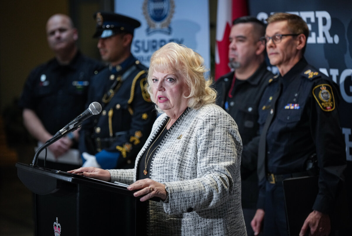 Surrey Mayor Brenda Locke speaks during a news conference at Surrey Police headquarters, in Surrey, B.C., on Nov. 29, 2024. (The Canadian Press/Darryl Dyck)