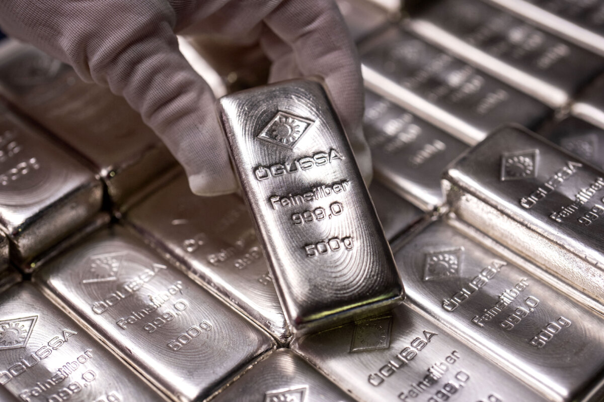 Silver bars weighing 500 grams are displayed at the Austrian Gold and Silver Refinery (Oegussa) in Vienna, Austria, on Feb. 3, 2026. (Georg Hochmuth/APA/AFP via Getty Images)