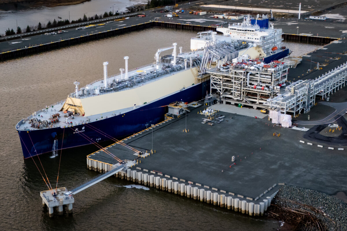A liquefied natural gas (LNG) tanker fills up at an LNG Canada facility, in an aerial view, in Kitimat, B.C., on Nov. 13, 2025. (The Canadian Press/Ethan Cairns)