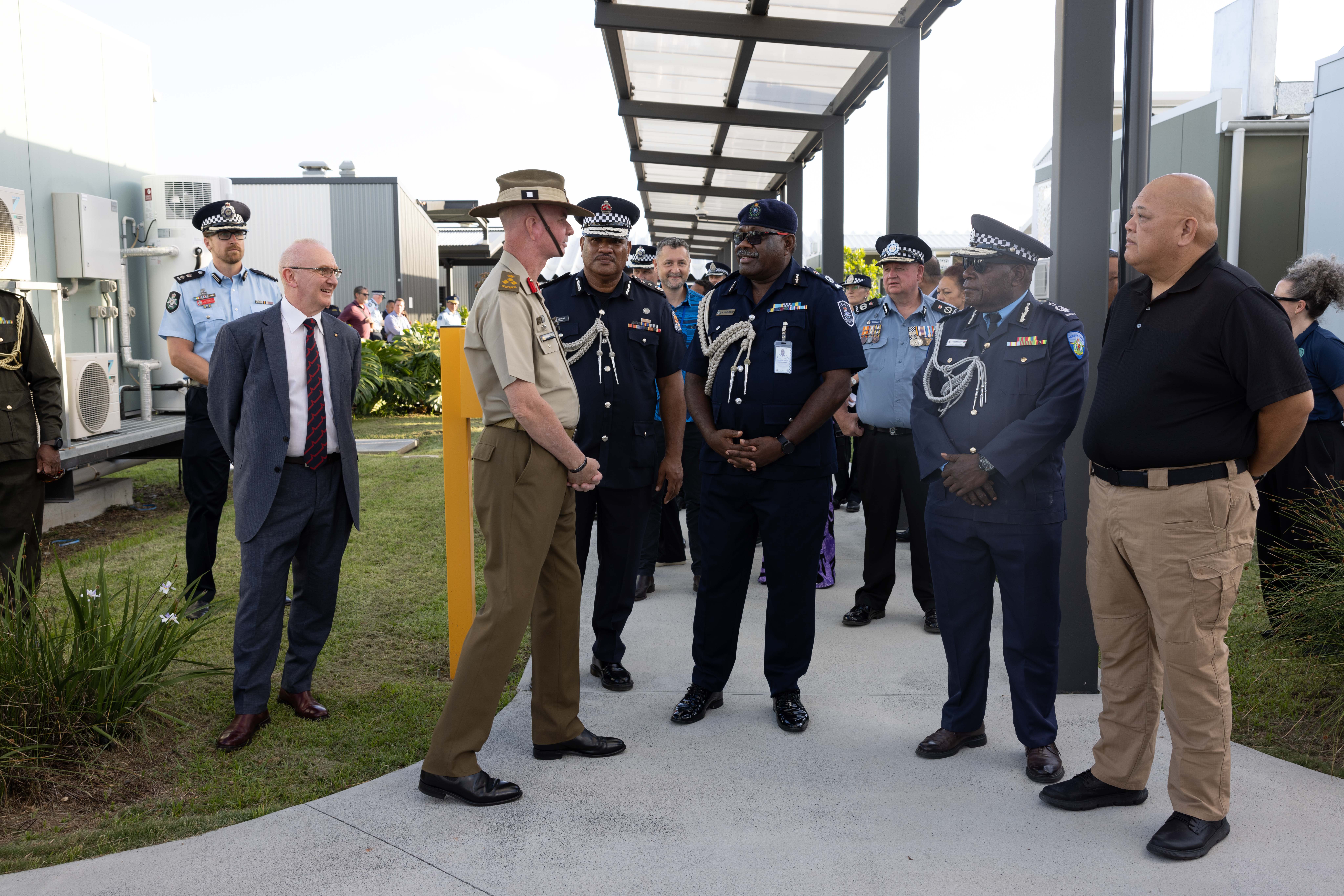 Police and military officials from Australia, New Zealand and the Pacific Islands at the 1st anniversary of the Pinkenba Hub in support of Pacific Policing Initiative.