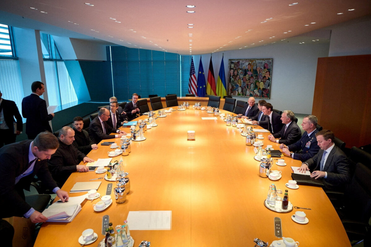 Ukrainian President Volodymyr Zelenskyy, senior Ukrainian negotiator Rustem Umerov and German Chancellor Friedrich Merz meet with President Donald Trump's son-in-law Jared Kushner, Special Envoy Steve Witkoff, and NATO Supreme Allied Commander Europe (SACEUR), U.S. Air Force General Alexus Grynkewich, in Berlin, on Dec. 14, 2025. (Ukrainian Presidential Press Service/Handout via Reuters)