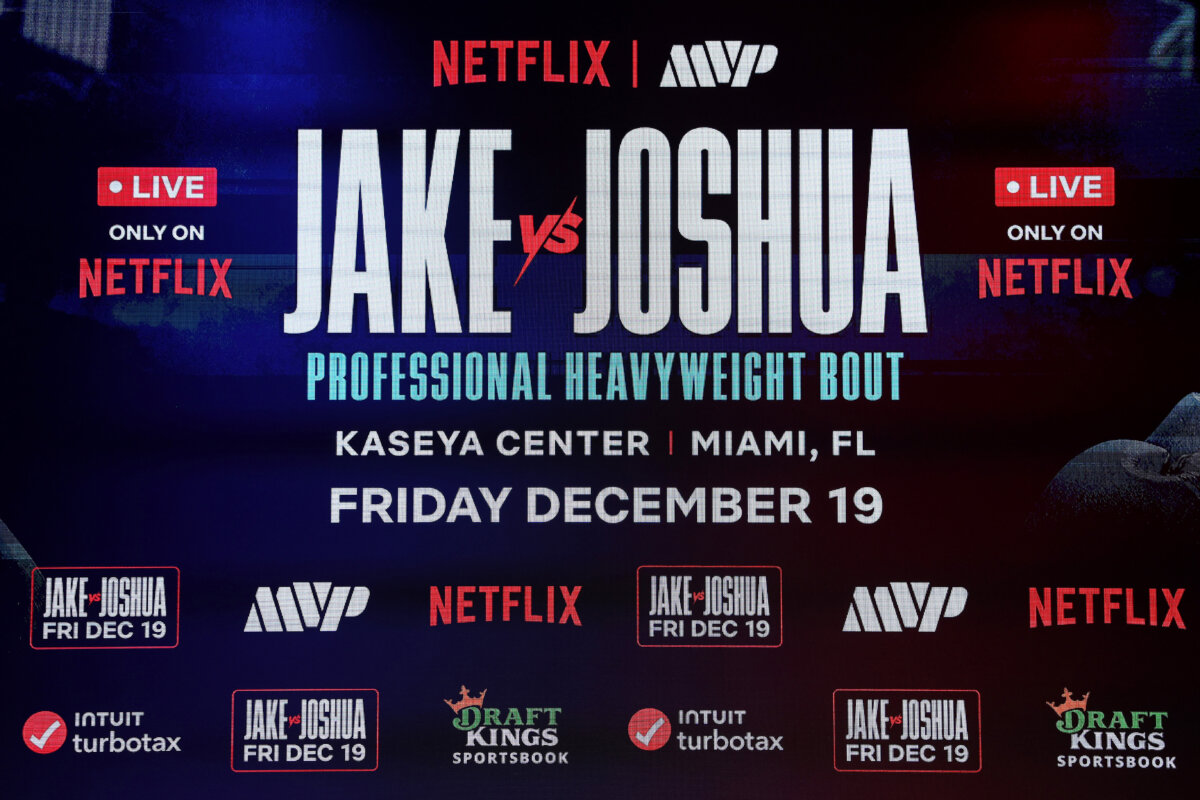 Signage on the stage prior to a press conference for Jake Paul versus Anthony Joshua at The Fillmore Miami Beach in Miami Beach, Fla., on Dec. 17, 2025. (Megan Briggs/Getty Images for Netflix)