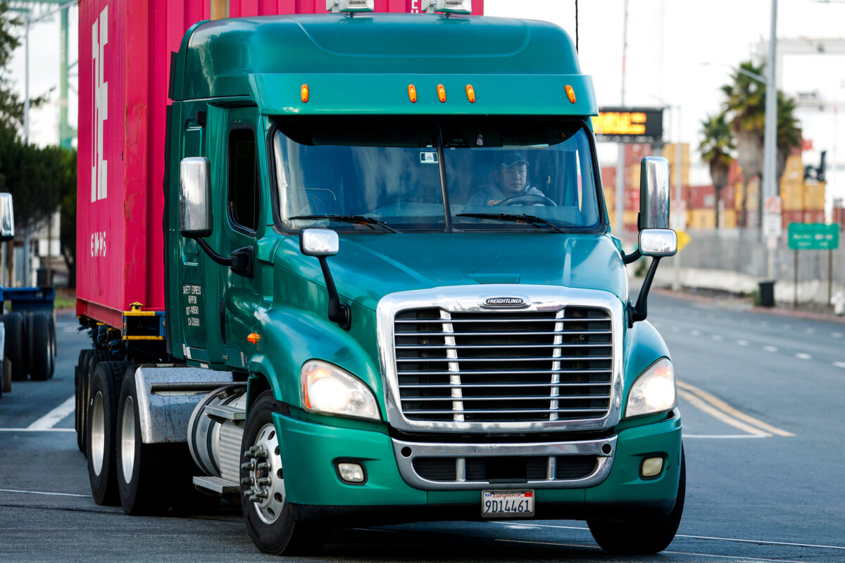 A truck drives through the Port of Oakland in Oakland, Calif., on Nov. 14, 2025. (Justin Sullivan/Getty Images)