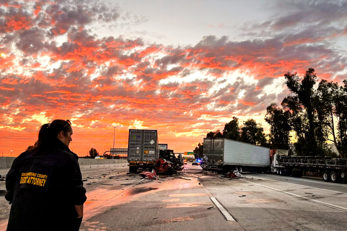 Officials with the San Bernardino County District Attorney’s Office process the scene of a deadly multi-vehicle crash in Ontario, Calif., on Oct. 21, 2025. (San Bernardino County District Attorney’s Office)