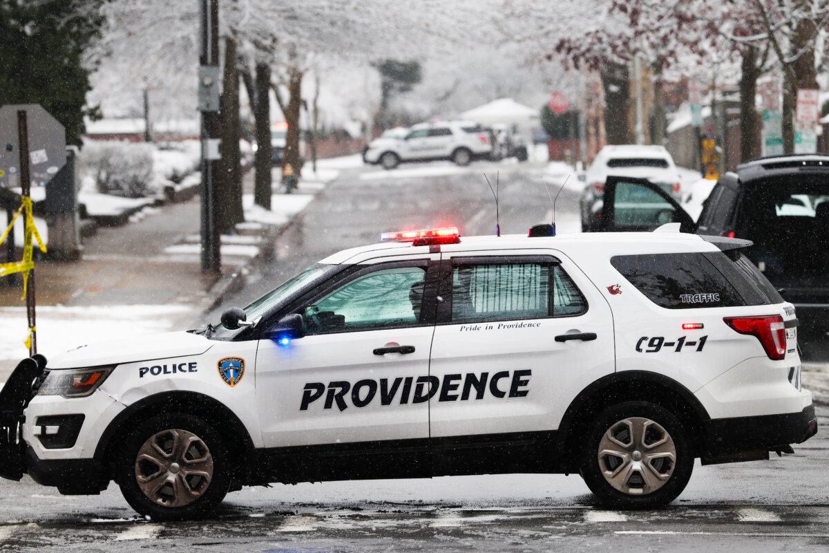Police patrol Brown University following a mass shooting yesterday that left at least two people dead and nine others injured in Providence, Rhode Island, on Dec. 14, 2025. (Spencer Platt/Getty Images)