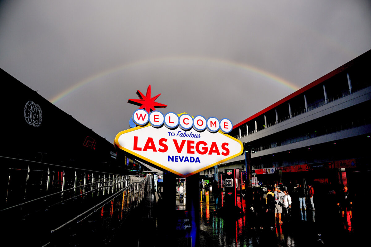 A rainbow above the welcome sign at the Las Vegas Strip Circuit’s paddock in Las Vegas on Nov. 19, 2025. (Clive Mason/Getty Images)