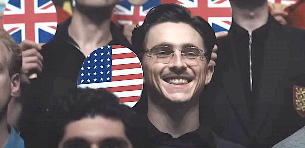 Marty Mauser (Timothée Chalamet) represents America in ping pong in "Marty Supreme." (A24)