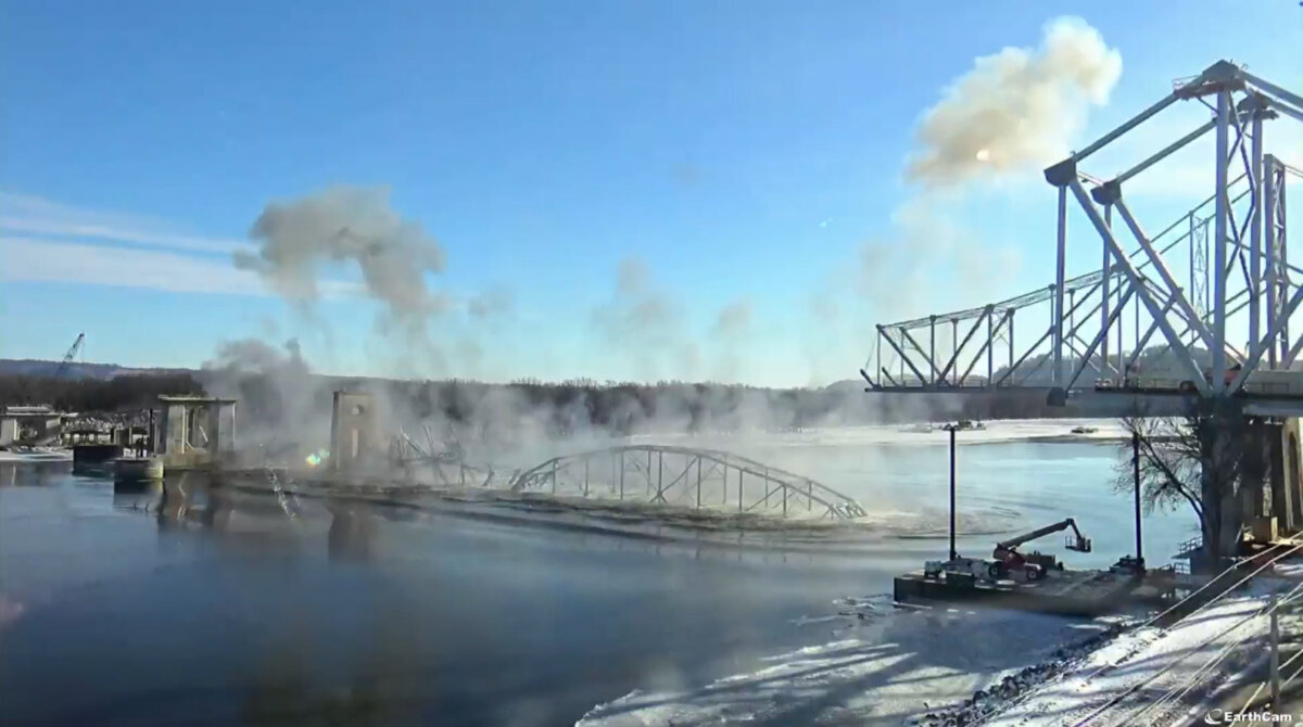 The implosion of the 94-year-old Black Hawk Bridge over the Mississippi River between Iowa and Wisconsin on Dec. 19, 2025. (Iowa Department of Transportation via AP)