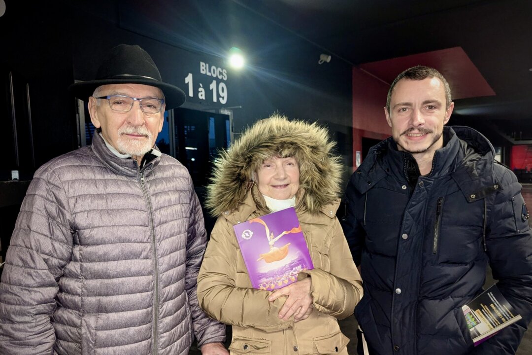 Francis and Marie-Antoinette De Ribeiro and their son Stéphane De Ribeiro attended Shen Yun Performing Arts at Galaxie Amneville in Amneville, France, on Dec. 20, 2025. (Chloe Hsiao/The Epoch Times)
