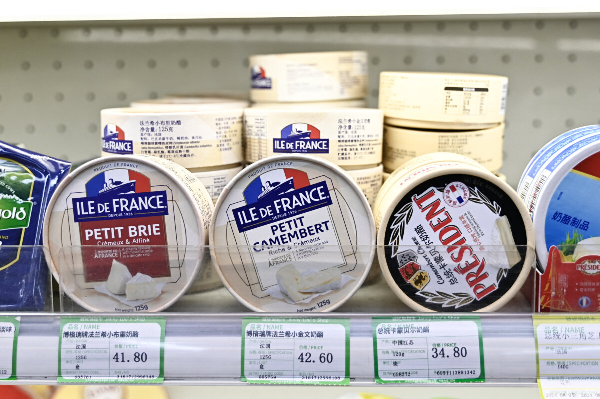 Cheese imported from Europe is displayed at a supermarket in Beijing on Aug. 21, 2024. (Pedro Pardo/AFP via Getty Images)