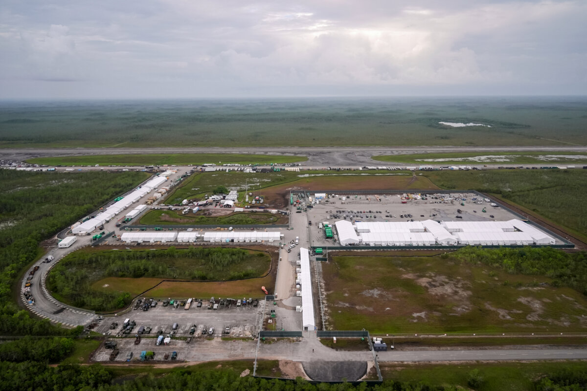 Work progresses on a new federal detention facility dubbed “Alligator Alcatraz,” at Dade-Collier Training and Transition facility in the Florida Everglades in Ochopee, Fla., on July 4, 2025. (Rebecca Blackwell/File/AP Photo)