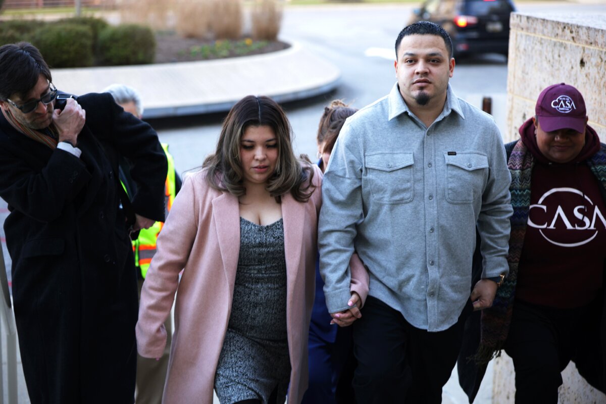 Kilmar Abrego Garcia (3rd L) arrives with his wife, Jennifer Vasquez Sura (2nd L), at the U.S. District Court for the District of Maryland in Greenbelt, Md., on Dec, 22, 2025. (Alex Wong/Getty Images)