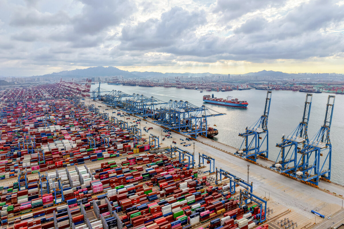 Shipping containers at the port in Qingdao, Shandong Province, China, on Aug. 12, 2025. (STR/AFP via Getty Images)