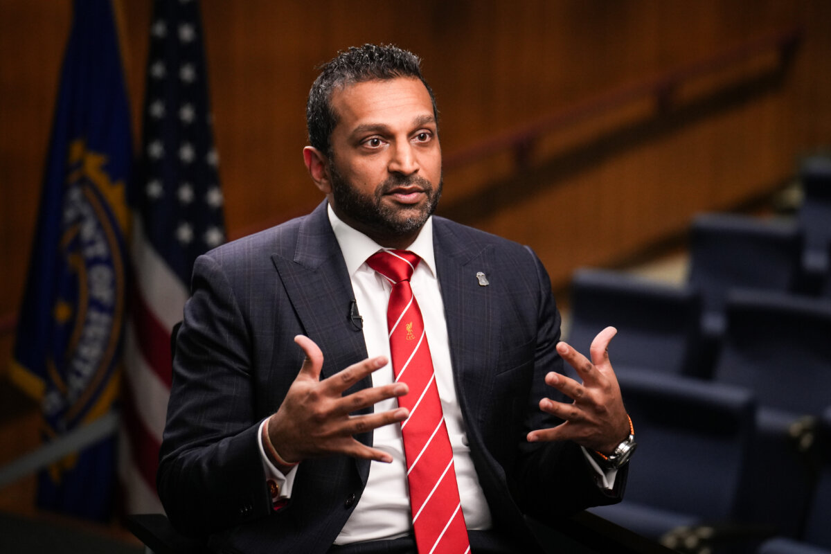 FBI Director Kash Patel speaks during an interview at the agency headquarters in Washington on Nov. 26, 2025. (Samira Bouaou/The Epoch Times)