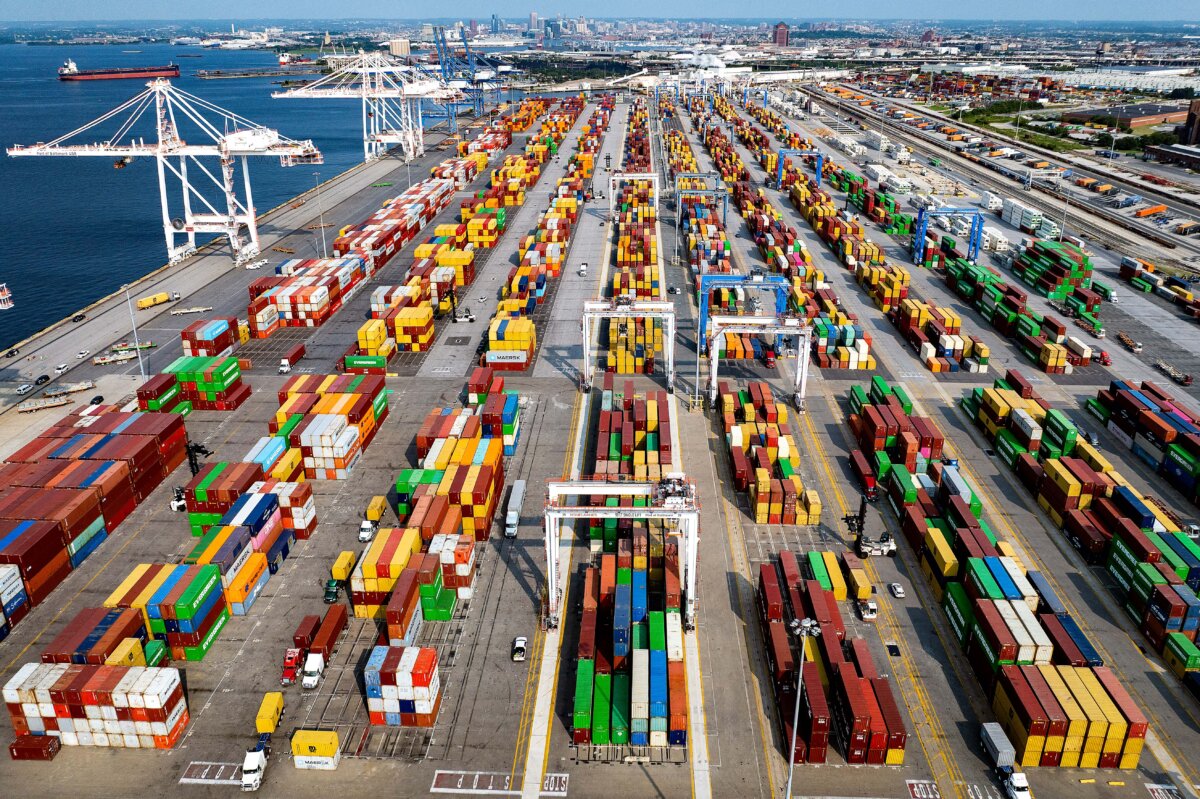 An aerial view of shipping containers at the Port of Baltimore in Baltimore, Md., on Aug. 7, 2025. (Jim Watson/AFP via Getty Images)
