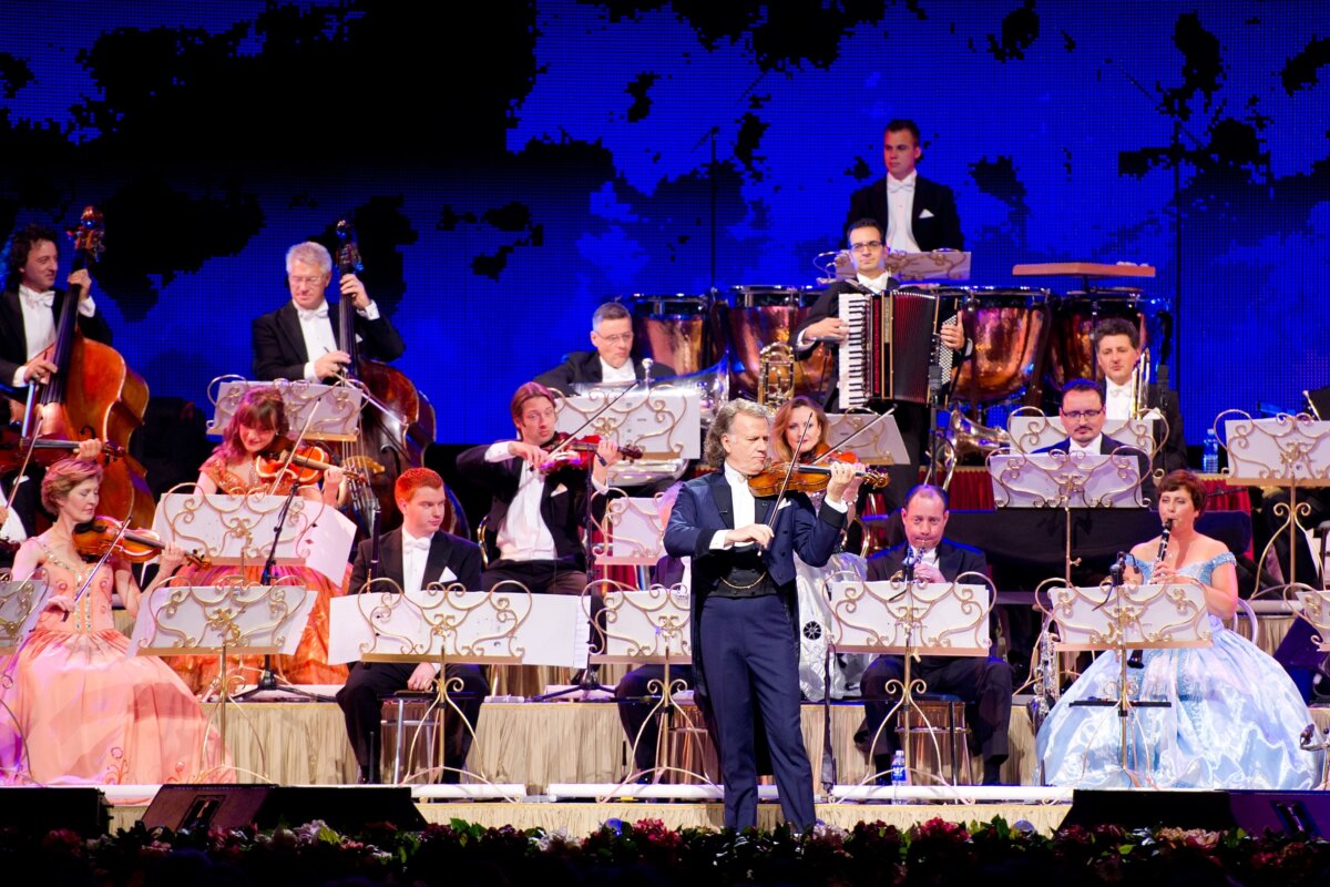 Dutch violinist André Rieu and his 60-piece Johann Strauss Orchestra perform in Siemens Arena in Vilnius, Lithuania on June 3, 2014. Rieu popularized composer Dmitri Shostakovich’s Waltz No. 2. (JuliusKielaitis/Shutterstock)