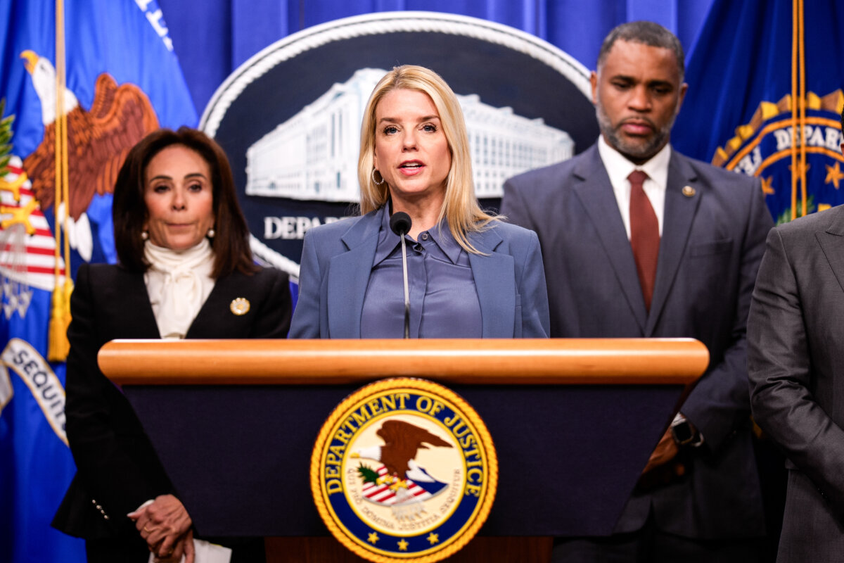Attorney General Pam Bondi (C) speaks during a news conference at the Department of Justice in Washington on Dec. 4, 2025. (Andrew Harnik/Getty Images)