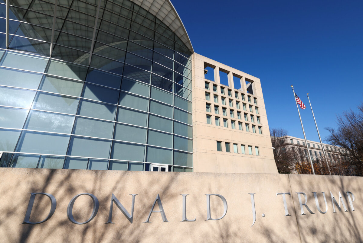 The name of U.S. President Donald Trump is displayed after being recently added to the sign for the United States Institute of Peace in Washington on Dec. 3, 2025. (Kevin Lamarque/Reuters)