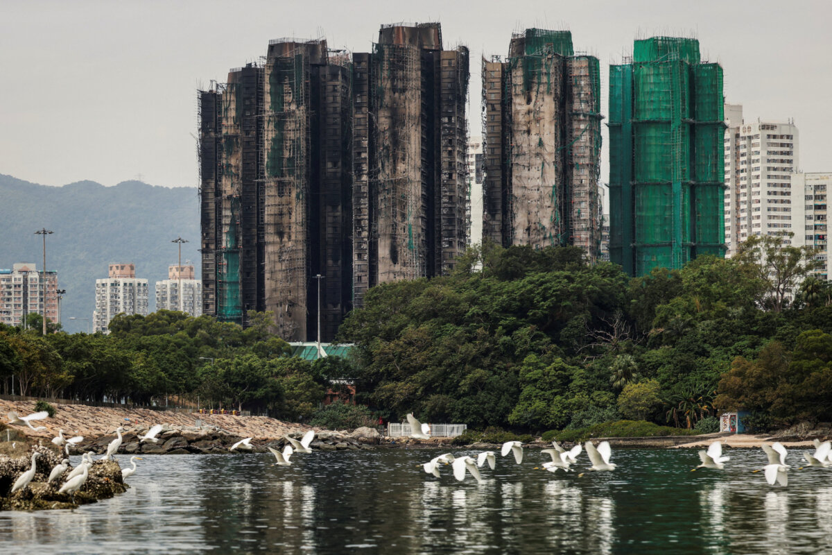 A flock of egrets fly next to burned buildings in the Wang Fuk Court housing complex after a deadly fire in the Tai Po District in Hong Kong on Nov. 30, 2025. (Maxim Shemetov/Reuters)