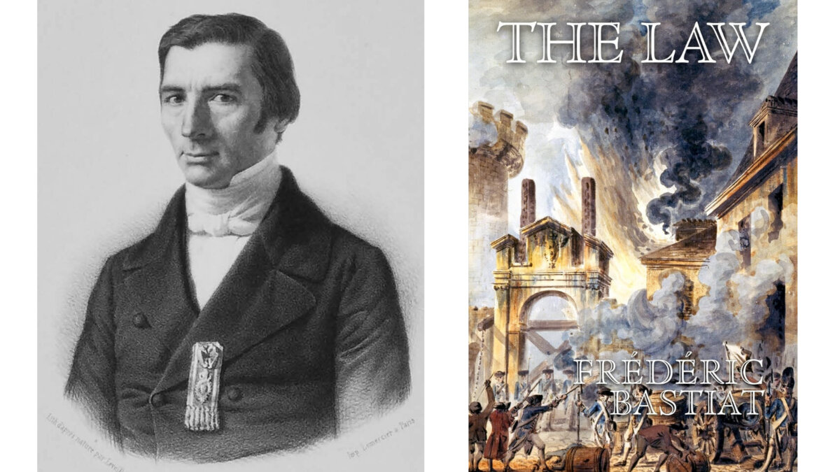 Frédéric Bastiat, 1848, and the cover of his book “The Law.” (Émile Desmaisons/Lithograph by Auguste-Hilaire Léveillé/National Library of France, Public Domain)