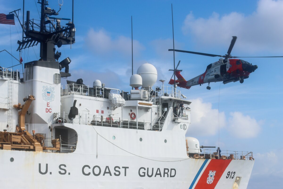 The crew of the U.S. Coast Guard Cutter Mohawk (WMEC 913) and a Coast Guard MH-60 Jayhawk helicopter flight crew conduct training evolutions in the Caribbean Sea on July 15, 2025. (Seaman Corrie Gill/U.S. Coast Guard)
