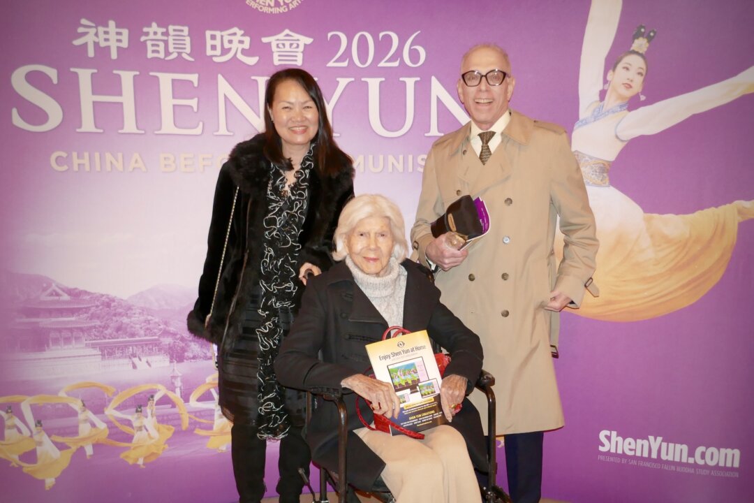 (L to R) Thelma Mancino, Harriet Ross, and Tom Mancino at the Shen Yun Performing Arts performance at War Memorial Opera House on Dec. 31, 2025. (Steve Ispas/The Epoch Times)