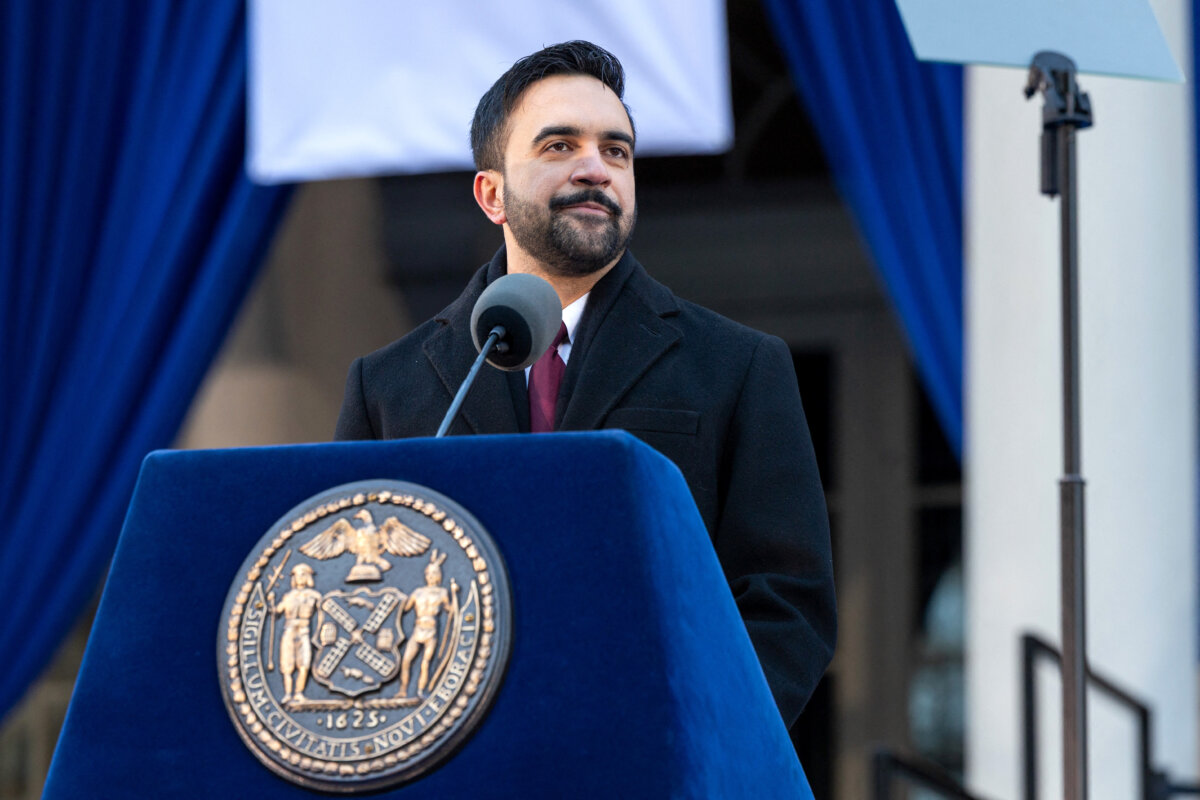 Mayor Zohran Mamdani addresses the crowd at the 2026 New York City Inauguration outside of City Hall in New York City on Jan. 1, 2026. (Jason Alpert-Wisnia/Hans Lucas via AFP via Getty Images)