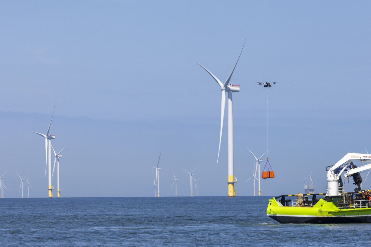 A heavy-lift cargo drone operates at Orsted’s Borssele 1 and 2 offshore wind farm in Zeeland, Netherlands, Aug. 6, 2024. (Nicolas Maeterlinck/BELGA via AFP)