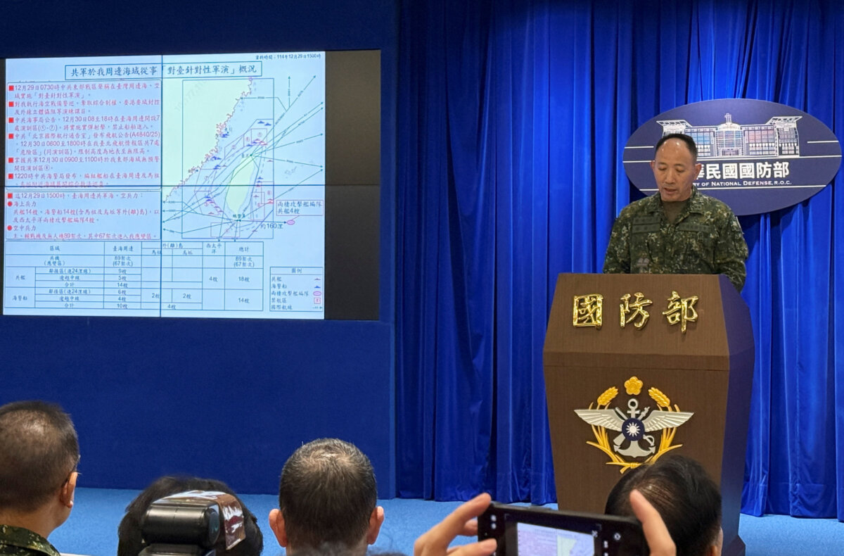 Hsieh Jih-sheng, deputy chief of the general staff for intelligence at Taiwan’s defense ministry, speaks at the press conference about China’s military drills around Taiwan, in Taipei, Taiwan, on Dec. 29, 2025. (Wen-Yee Lee/Reuters)